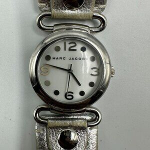 Marc Jacobs Watch Women Silver Tone White Dial Leather Band New Battery